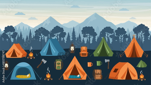 Camping Tents and Gear Collection Outdoor Adventure Scene.