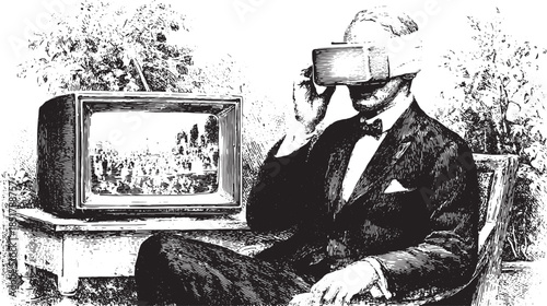 Man in vintage suit wearing VR goggles and seated beside an old television. Black and white vector illustration capturing historic digital technology.