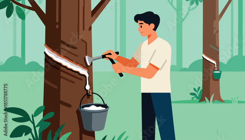 Person harvests latex from tree in lush forest