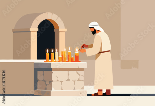 Man lighting candles in ancient setting