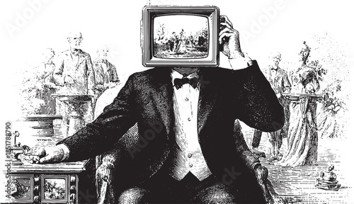 Man in a vintage suit with a television head. Black and white vector illustration showcasing a classic formal scene and stylish fashion.