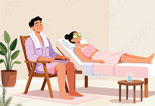Man relaxes in chair near woman receiving spa treatment with cucumber eyes