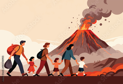 Family flees erupting volcano, carrying belongings