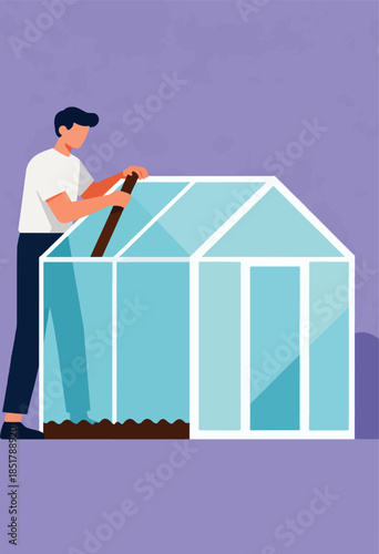 Person digging soil in a greenhouse