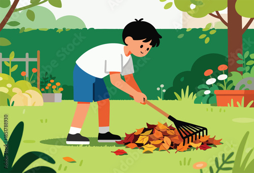 Young boy raking a pile of colorful fallen leaves in a backyard garden