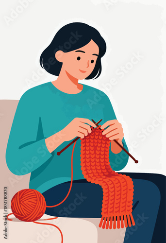 Person knitting a cozy, textured orange scarf with wooden needles and yarn