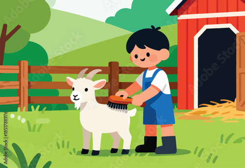 A child brushes a goat in a farmyard with a red barn and fence