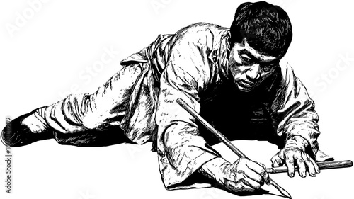 Artist drawing with a pen in traditional style. Detailed black and white illustration set featuring a male figure engaged in the creative process. Vector art.