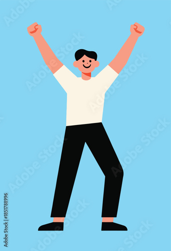 A stylized person with arms raised triumphantly against a blue backdrop
