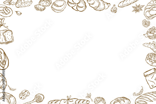 Decorative hand drawn bakery bread frame with vintage outline drawings
