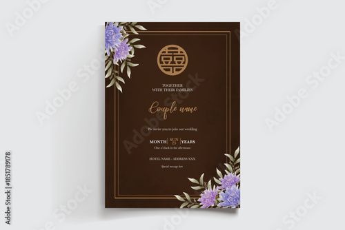 WEDDING INVITATION FRAME WITH FLOWER DECORATIONS AND FRESH LEAVES