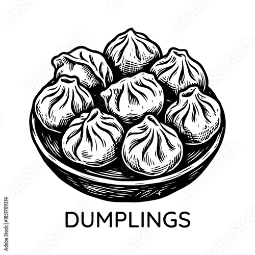 Hand-drawn engraving style illustration of a plate of steamed dumplings or dim sum with text label isolated on white.