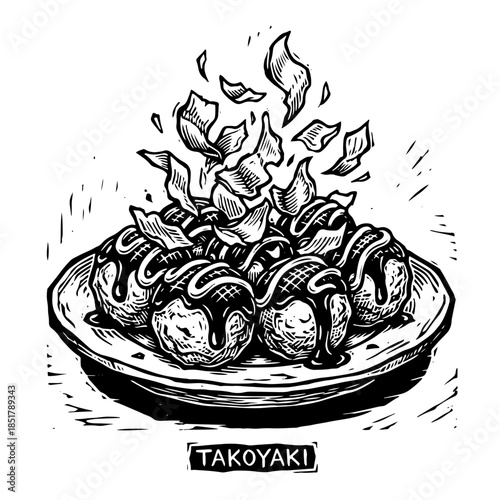 Hand-drawn engraving style illustration of Japanese Takoyaki octopus balls with dancing bonito flakes and sauce.