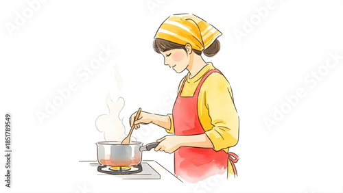 A woman in a red apron and yellow headscarf diligently stirs a steaming pot on a stove, illustrating the comforting process of home cooking and meal preparation in a bright kitchen
