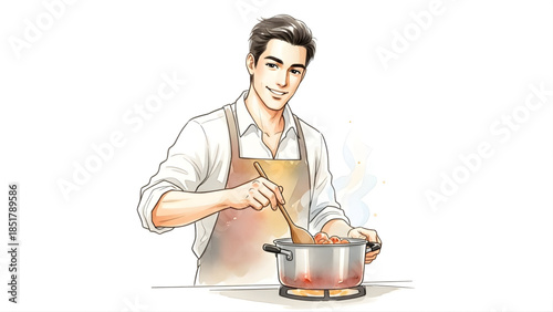 Man in a white shirt and apron stirring a pot of food with a wooden spoon over a stovetop