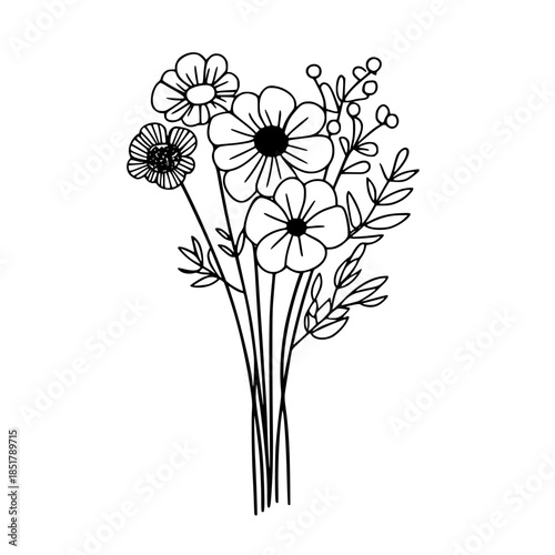 Whimsical Flower Bouquet: Black White Line Art | Clean, isolated vector art for creative projects.