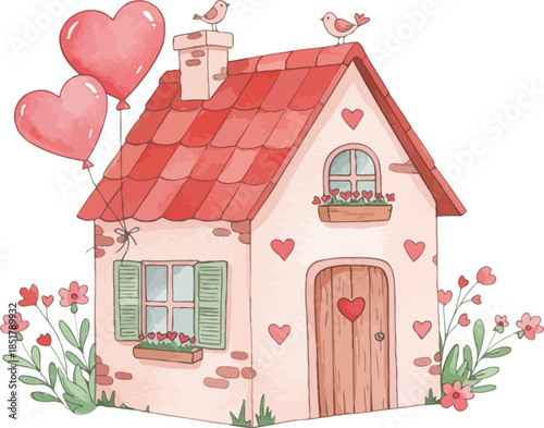 Whimsical pink house with red roof and balloons in garden