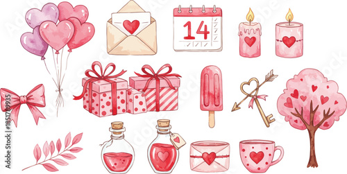 Pink valentine s day objects and gifts on white background