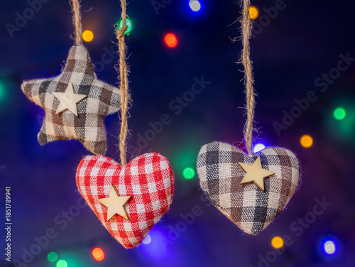 Cozy Plaid Fabric Ornaments: Hanging Star and Heart Decorations with Colorful Christmas Lights