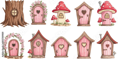 Whimsical fairy doors and houses in pink and brown hues