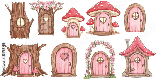 Whimsical fairy doors and mushroom houses in forest landscape