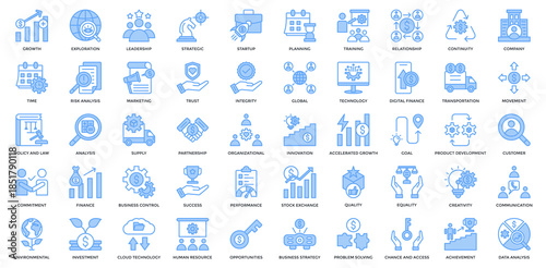Business Development icon collection set. Containing growth, exploration, leadership, strategic, planning, training, business relationship, company, success  icon. Simple lineal blue vector