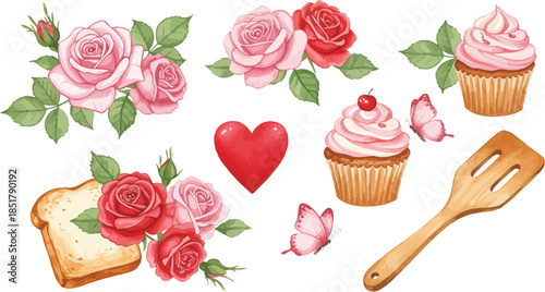 Cupcakes and roses with heart and wooden spatula on white background