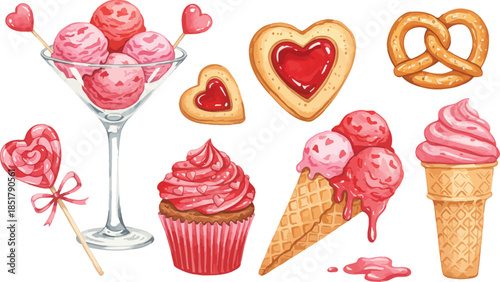 Sweet treats including ice cream cone and cupcake with pink frosting