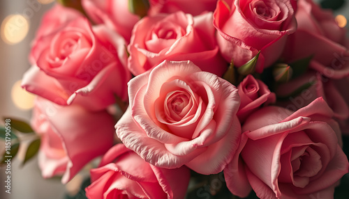 Close up view of pink rose flowers with delicate petals and soft bokeh lighting symbolizing love romance elegance and beauty