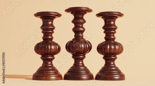 A still life composition featuring three dark brown carved wooden candlesticks with intricate detailing arranged on a soft beige surface.