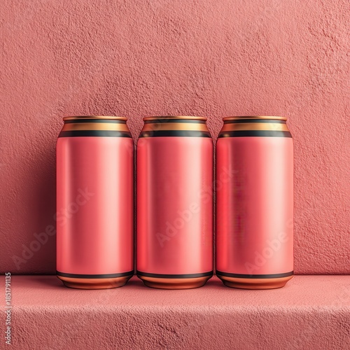 Three identical pink metallic cans with gold and black trim arranged in a row against a sparkling pink textured wall.