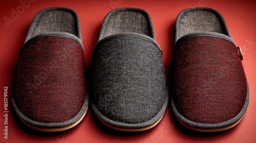 Close up of three adult slippers with glitter accents in red black and grey.
