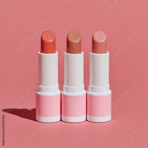 Three open lipsticks with shimmering particles in coral rose gold and nude colors standing upright.