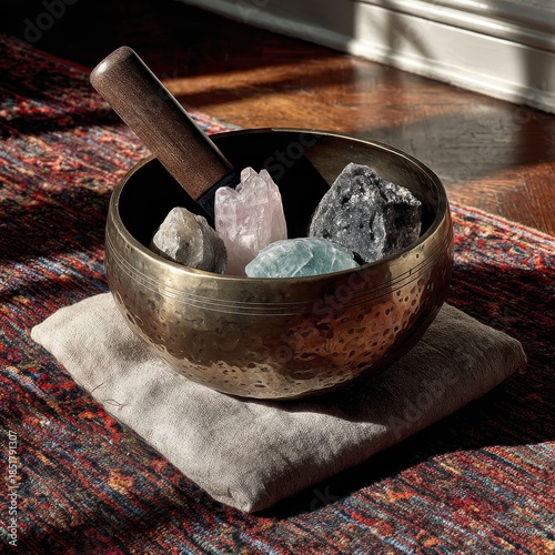 A Tibetan singing bowl holds a collection of colorful crystals, set on a patterned rug, with sunlight casting shadows.