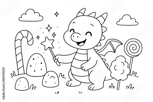 Cute Baby Dragon Holding Magic Wand Surrounded by Candy and Sweets, Coloring Page