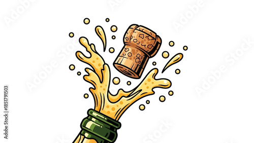 Champagne cork popping out of a bottle with a splash of bubbly liquid and small bubbles.