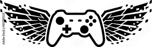 Gaming controller with pixelated digital wings. Flying gamepadStart gaming concept. Vector illustration for logo, emblem, icon, symbol