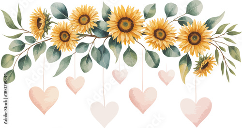 Watercolor illustration of sunflowers and eucalyptus with heart shapes