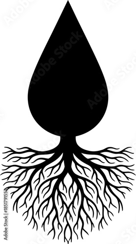 Black silhouette of water drop with detailed root system. Concept of organic, natural, ecology, growth. Vector illustration for logo design, pictogram