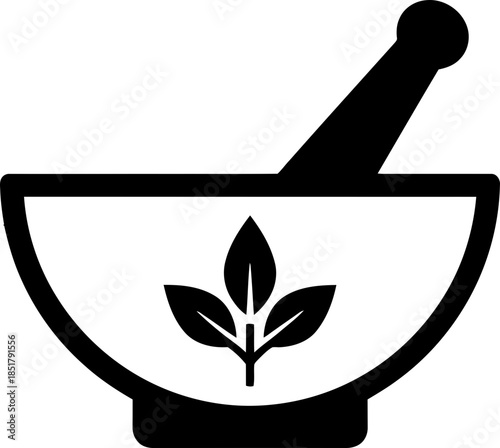 Mortar and pestle icon with plant leaf symbol for pharmacy, homeopathy, alternative medicine, healthcare concept. Vector illustration