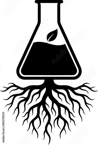 Chemical flask with roots and leaf. Natural science, organic chemistry, bio ecology, and plant research concept. Black and white vector icon