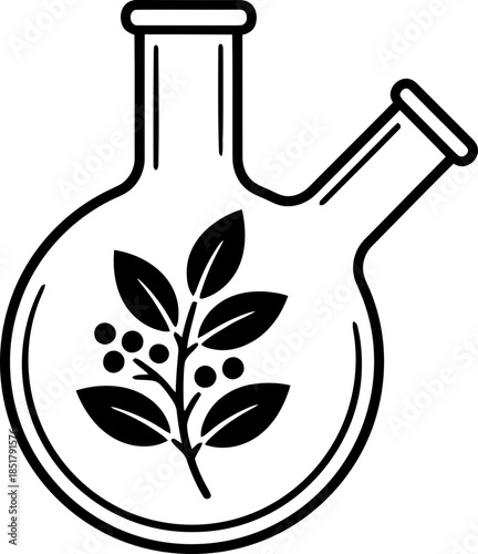 Scientific laboratory flask with organic plant leaf and berry, symbolizing natural chemistry, herbal medicine. Vector illustration, icon