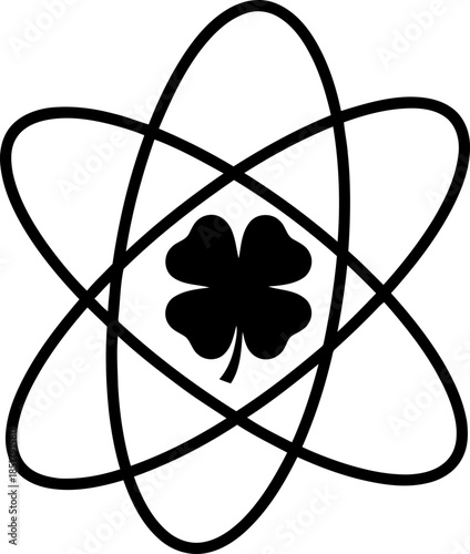 Black and white four leaf clover inside atom symbol. Scientific luck concept. Vector icon for logo, tattoo, t-shirt, print