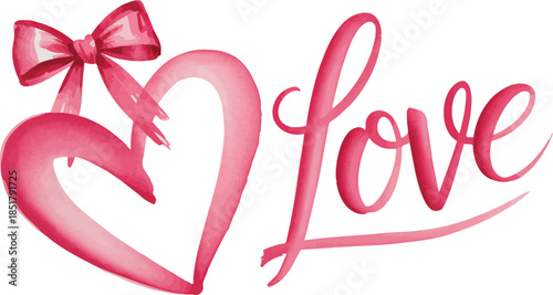 Pink heart with bow and love text on white background