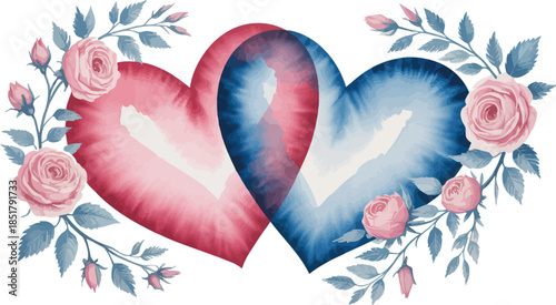 Interconnected pink and blue hearts with floral wreath design