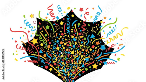 A burst of colorful confetti and streamers exploding outwards from a black starburst shape, creating a festive and celebratory atmosphere.