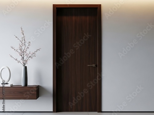 Elegant interior showcasing dark wood door and artistic decor elements