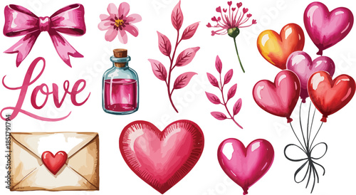 Valentine s day illustration with hearts balloons flowers and love letter
