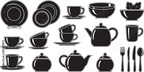 Black and white kitchenware icons set
