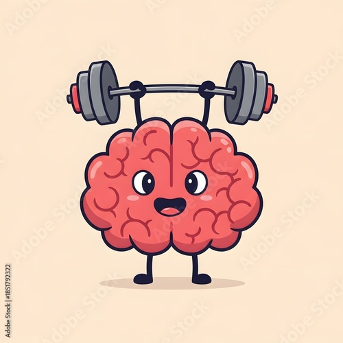 A cartoon brain character lifting a dumbbell in a fitness scene with exercise equipment and a cheerful expression on its face.